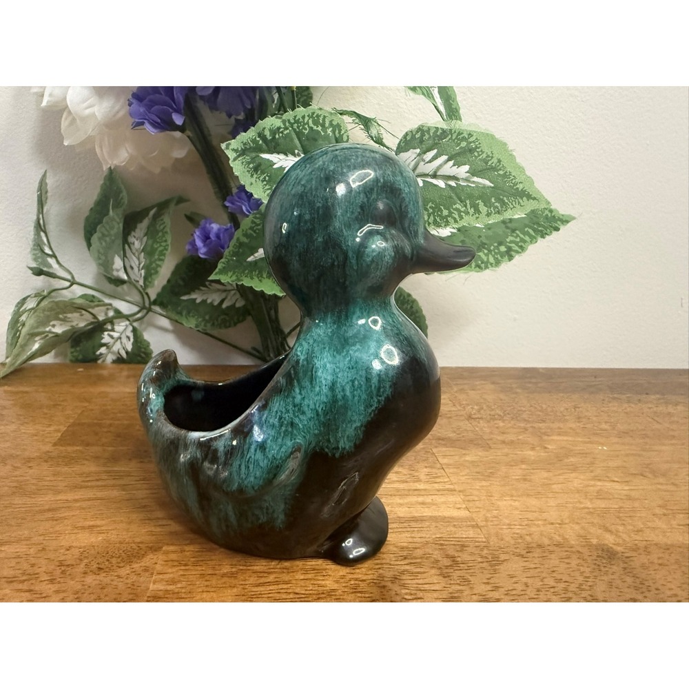 Vintage Pottery Duck Planter Green Drip Glaze Mid Century Decor Retro Bird Decor